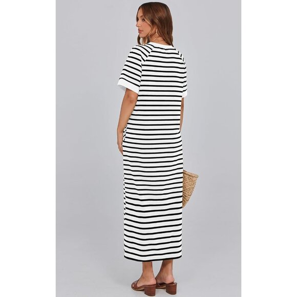 Women's Summer Cotton-Polyester Striped Maxi Dress with Pockets and Slit - Picture 2 of 8